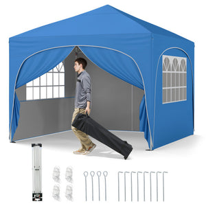 10 X 10 FT Pop up Canopy Tent with 4 Removable Sidewall-Blue
