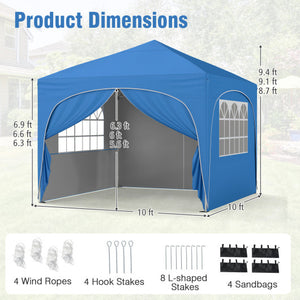 10 X 10 FT Pop up Canopy Tent with 4 Removable Sidewall-Blue