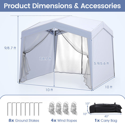 Pop up Canopy Tent wiht 4 Sidewalls Mesh Netting Wheeled Bag-White