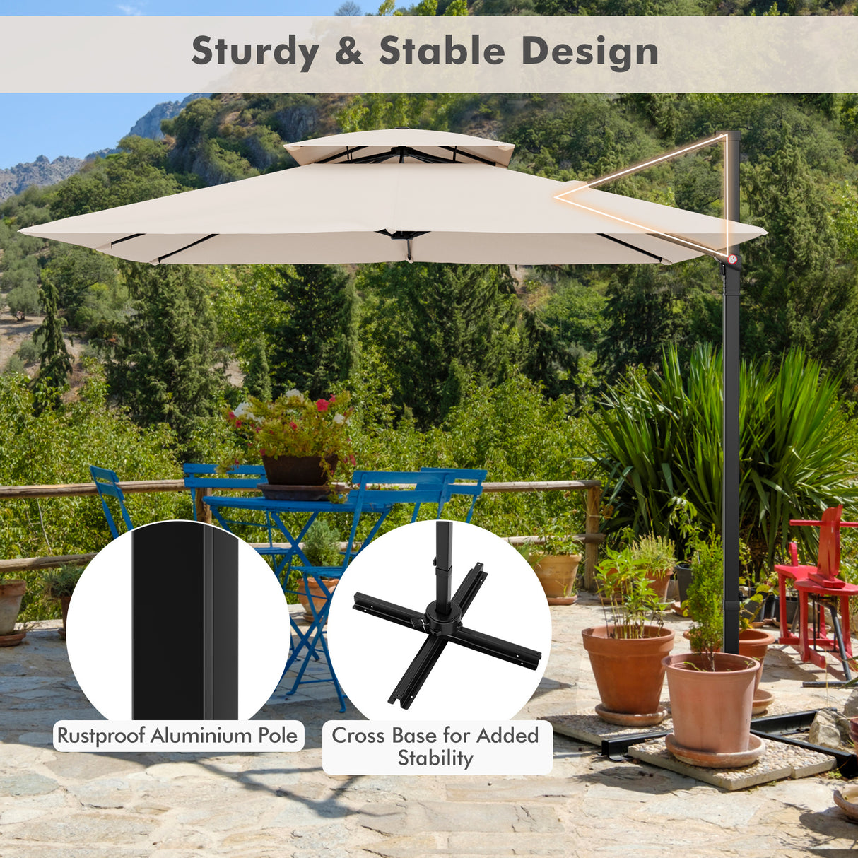 9.5 Feet Cantilever Patio Umbrella with 360 ° Rotation and Double Top-Beige
