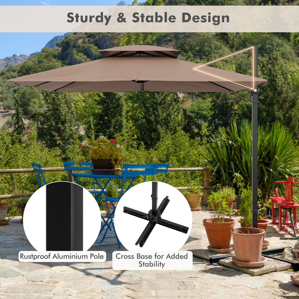 9.5 Feet Cantilever Patio Umbrella with 360 ° Rotation and Double Top-Coffee