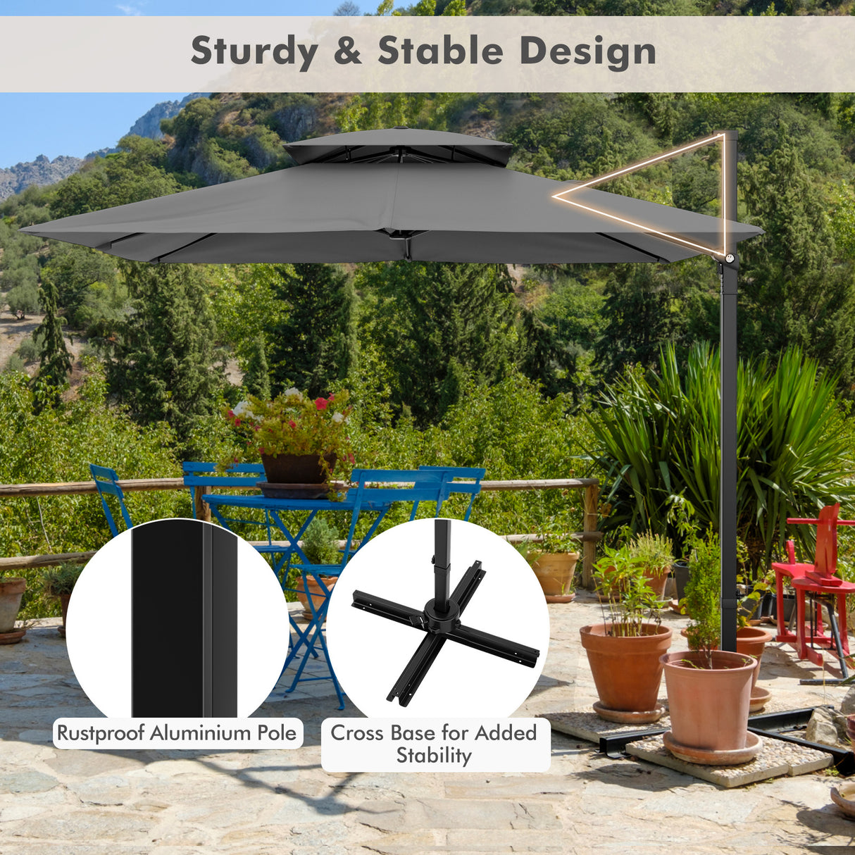 9.5 Feet Cantilever Patio Umbrella with 360 ° Rotation and Double Top-Gray