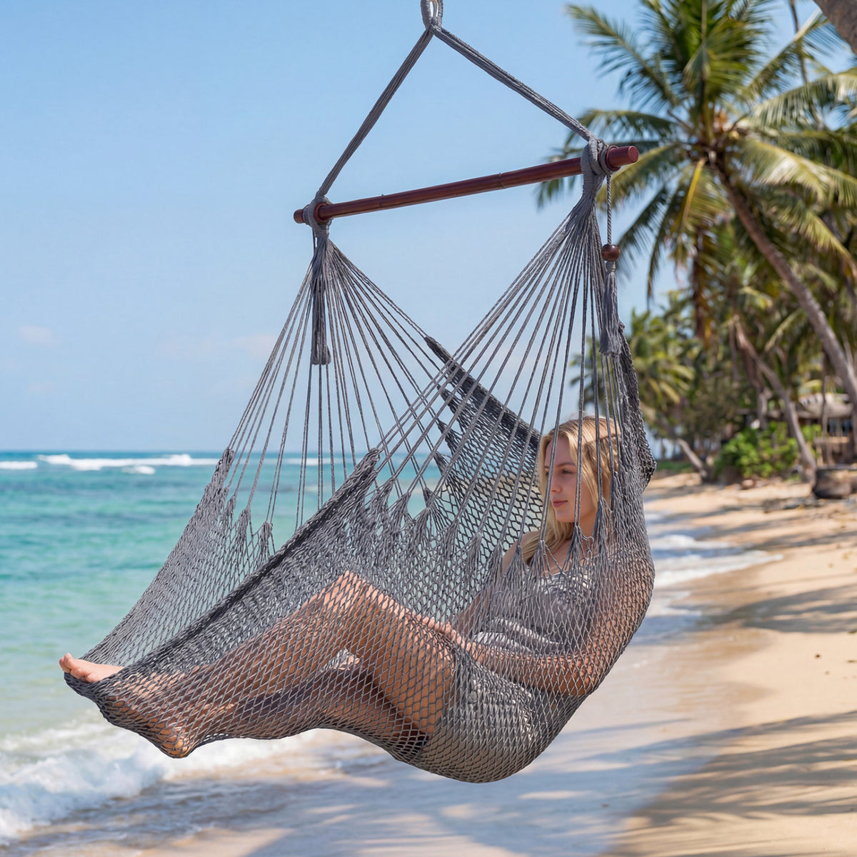 Caribbean Hammock Chair with Metal Spreader Bar Woven Rope Swing-Gray
