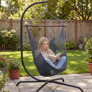 Caribbean Hammock Chair with Metal Spreader Bar Woven Rope Swing-Gray
