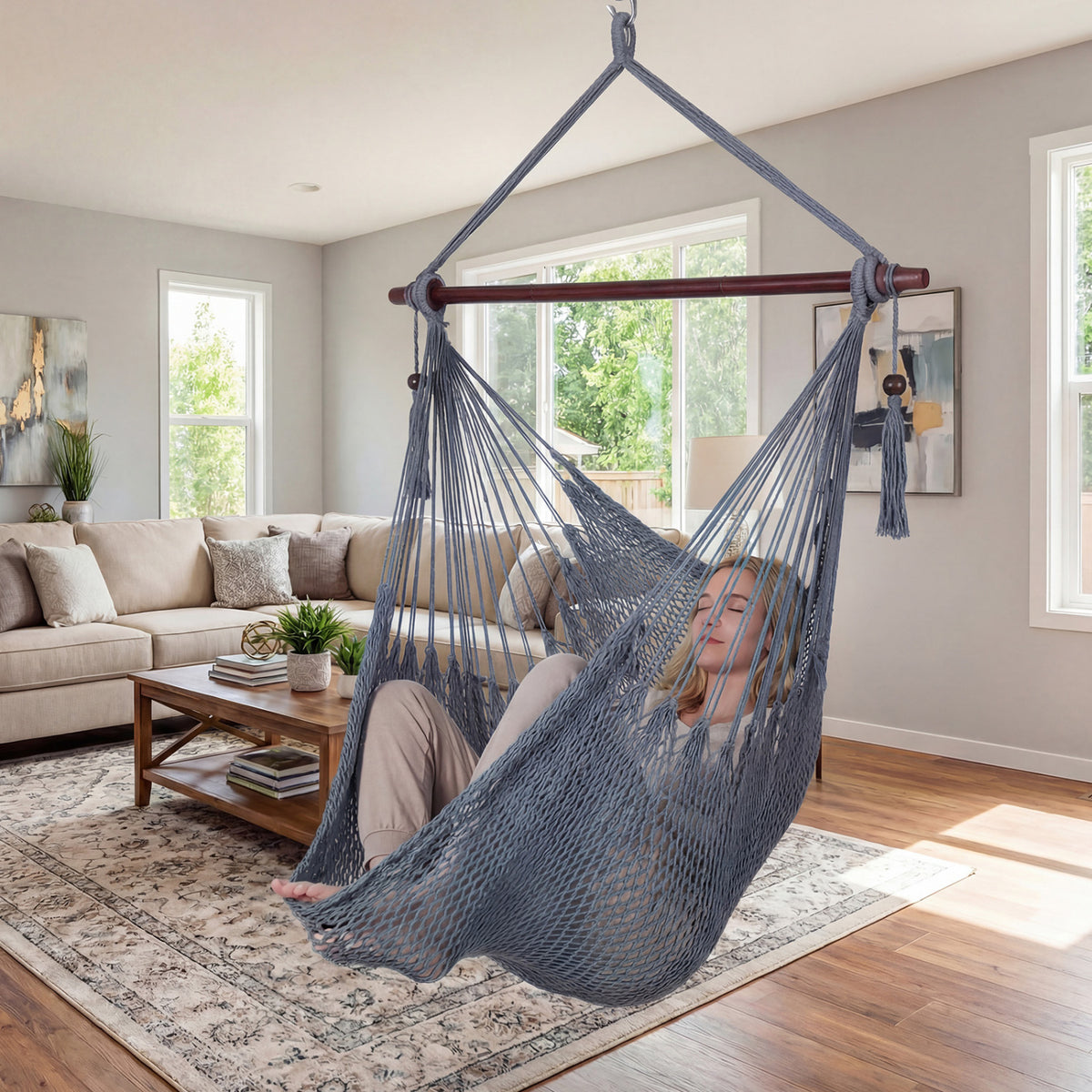 Caribbean Hammock Chair with Metal Spreader Bar Woven Rope Swing-Gray