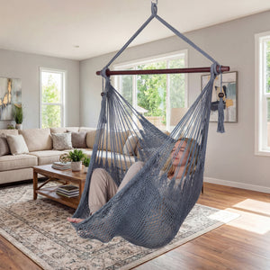 Caribbean Hammock Chair with Metal Spreader Bar Woven Rope Swing-Gray