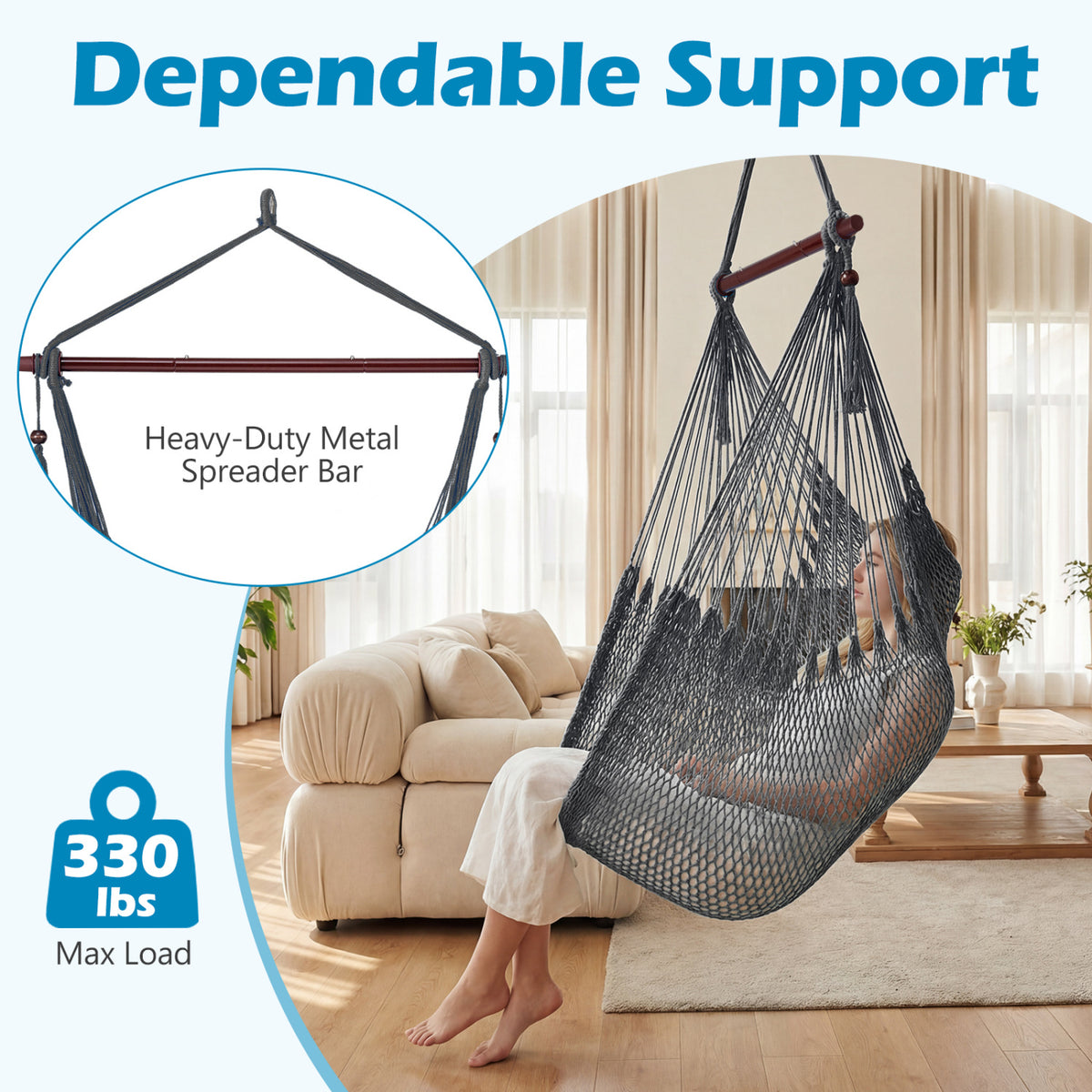 Caribbean Hammock Chair with Metal Spreader Bar Woven Rope Swing-Gray