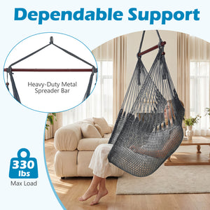 Caribbean Hammock Chair with Metal Spreader Bar Woven Rope Swing-Gray