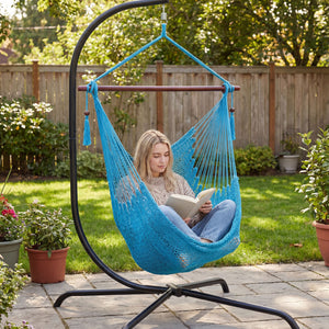 Caribbean Hammock Chair with Metal Spreader Bar Woven Rope Swing-Blue