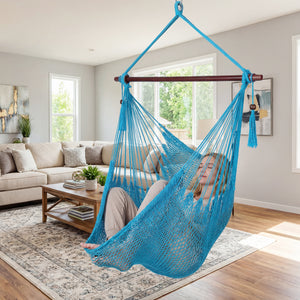 Caribbean Hammock Chair with Metal Spreader Bar Woven Rope Swing-Blue