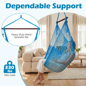 Caribbean Hammock Chair with Metal Spreader Bar Woven Rope Swing-Blue