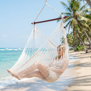 Caribbean Hammock Chair with Metal Spreader Bar Woven Rope Swing-Beige