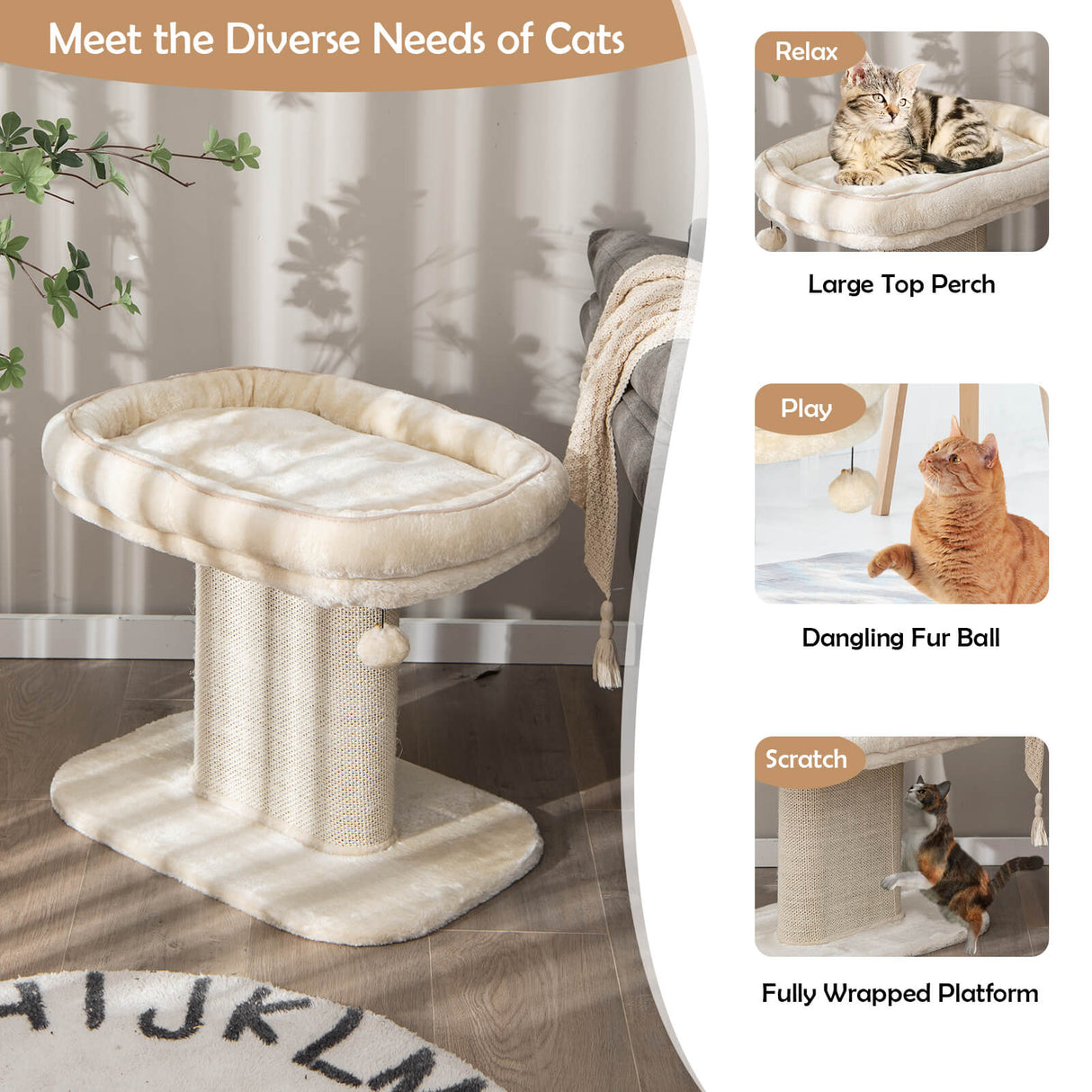 Modern Cat Tree Tower with Plush Perch and Sisal Scratching Plate-Beige