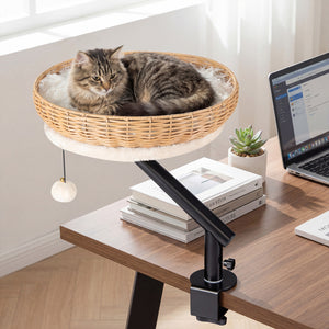 Cat Desk Bed with Removable Padded Cushion for Indoor Cats-Natural