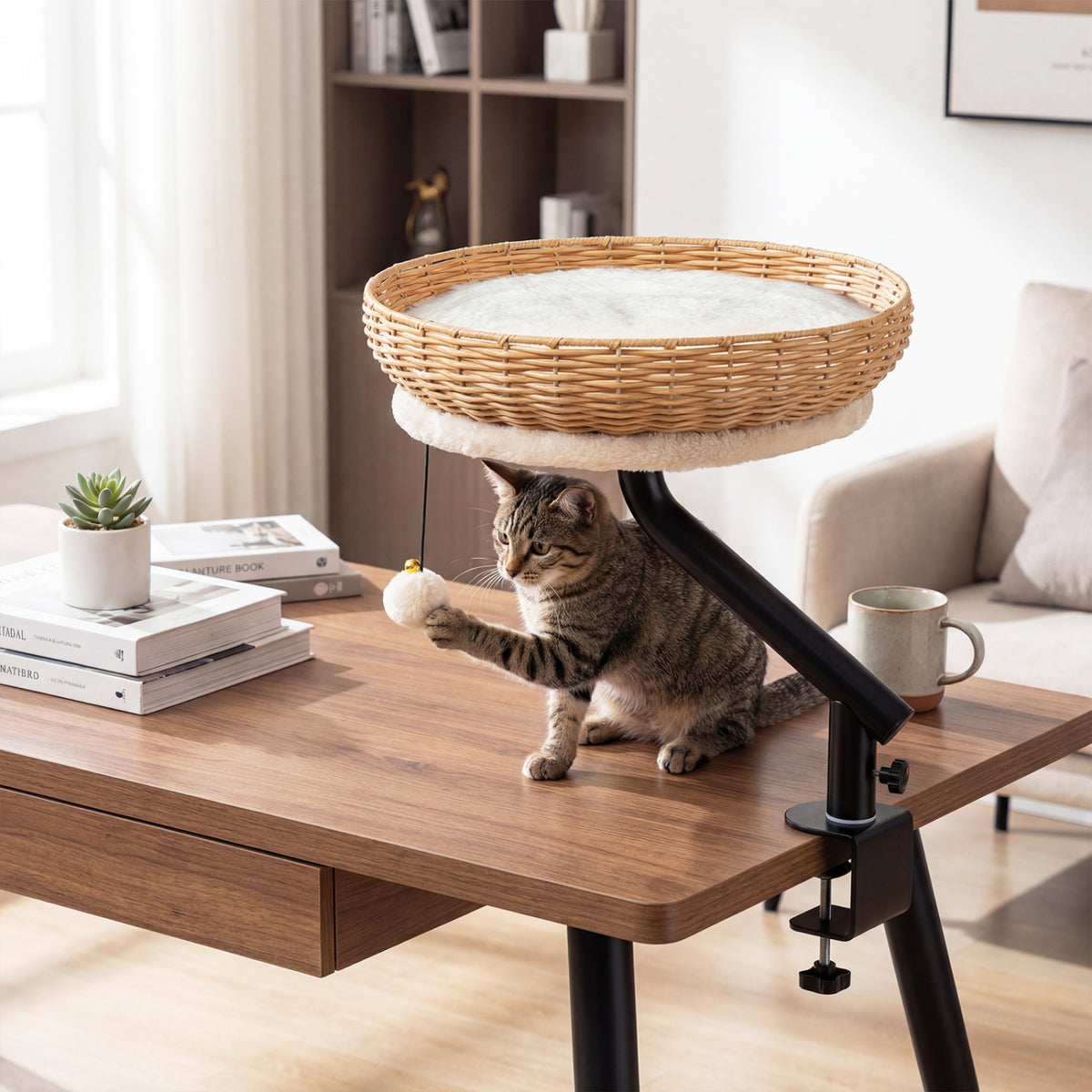 Cat Desk Bed with Removable Padded Cushion for Indoor Cats-Natural