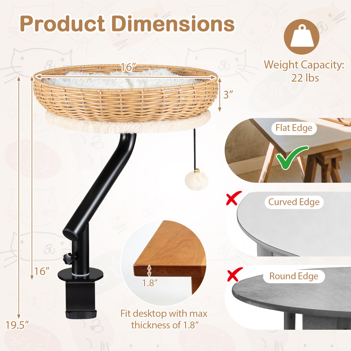 Cat Desk Bed with Removable Padded Cushion for Indoor Cats-Natural