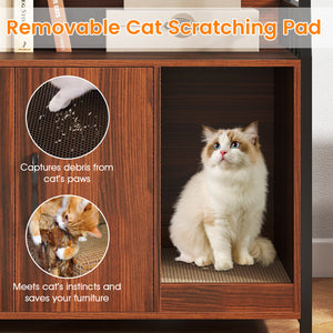 Cat Litter Box Enclosure with Storage Shelves and Scratching Pad-Walnut