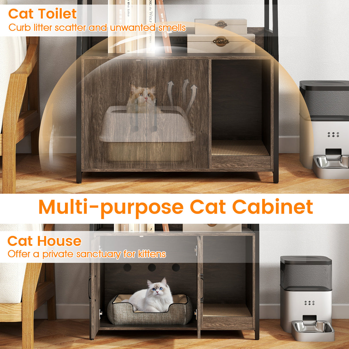 Cat Litter Box Enclosure with Storage Shelves and Scratching Pad-Gray
