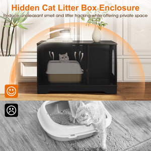 Cat Litter Box Enclosure Furniture Indoor Wooden Cat House End Side Table Nightstand-Black