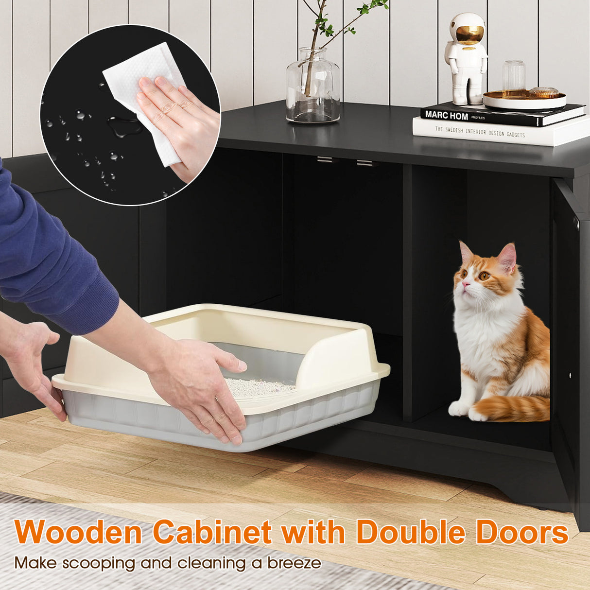 Cat Litter Box Enclosure Furniture Indoor Wooden Cat House End Side Table Nightstand-Black