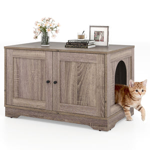 Cat Litter Box Enclosure Furniture Indoor Wooden Cat House End Side Table Nightstand-Gray
