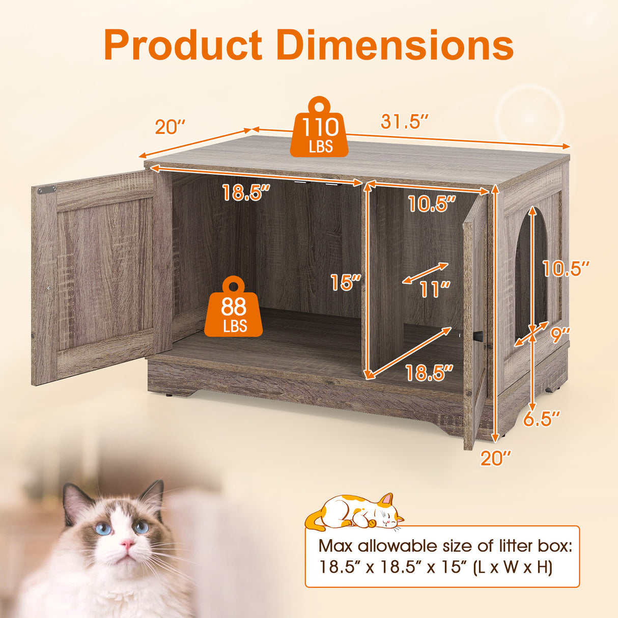 Cat Litter Box Enclosure Furniture Indoor Wooden Cat House End Side Table Nightstand-Gray