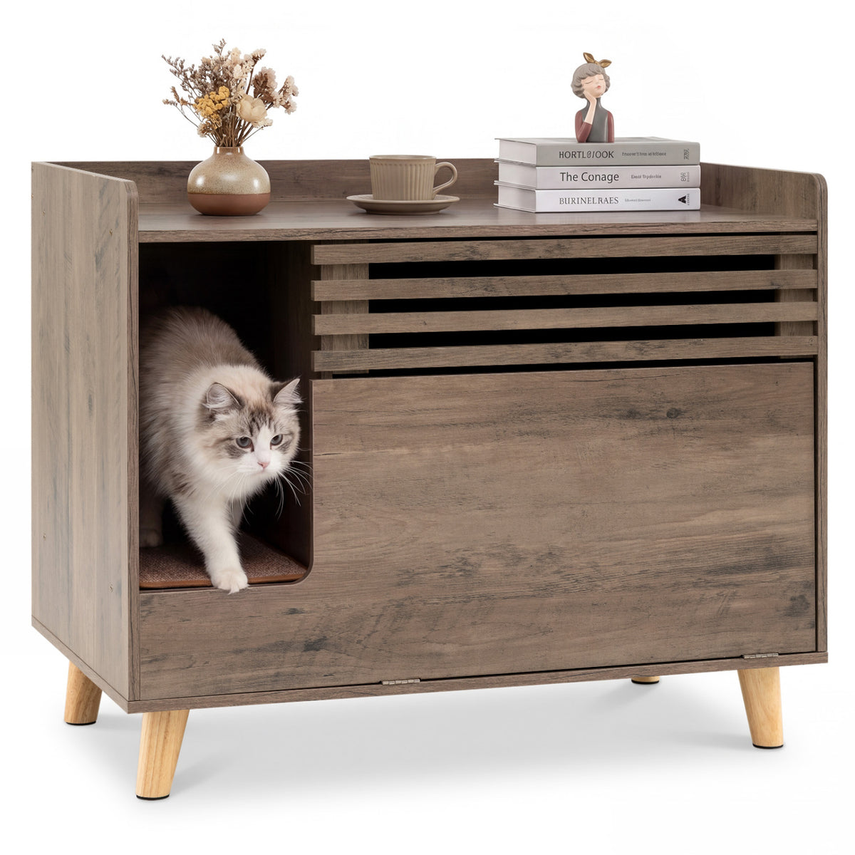 Cat Litter Box Enclosure with Flip-down Opening Door and Scratching Mat-Brown