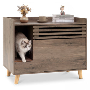 Cat Litter Box Enclosure with Flip-down Opening Door and Scratching Mat-Brown