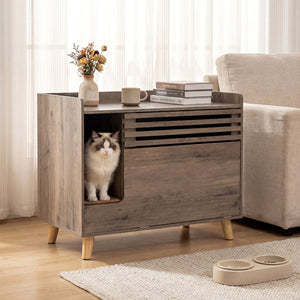 Cat Litter Box Enclosure with Flip-down Opening Door and Scratching Mat-Brown