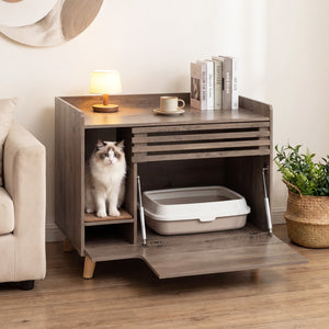 Cat Litter Box Enclosure with Flip-down Opening Door and Scratching Mat-Brown