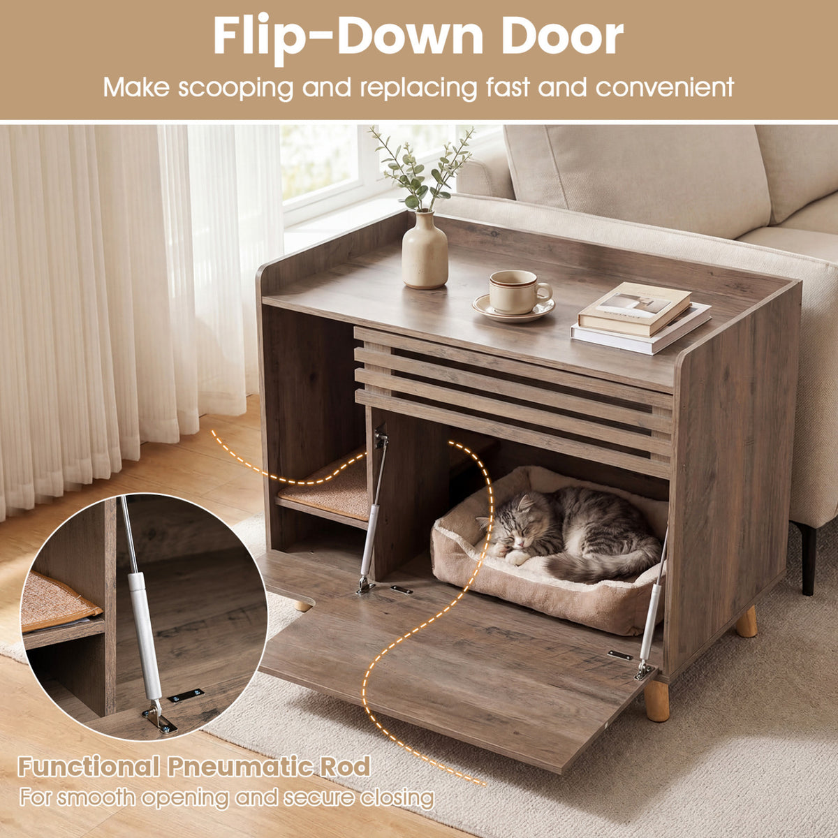 Cat Litter Box Enclosure with Flip-down Opening Door and Scratching Mat-Brown