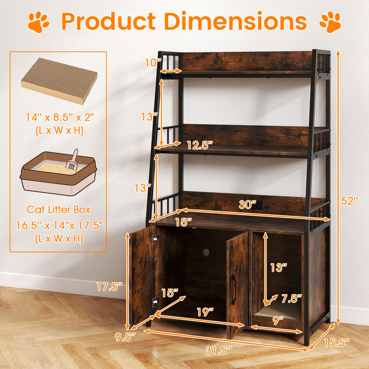 Cat Litter Box Enclosure with Storage Shelves and Scratching Pad-Rustic Brown