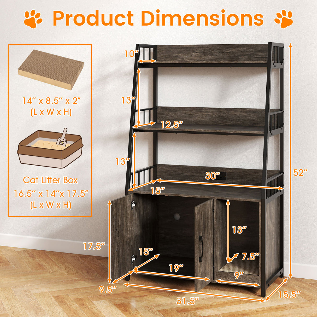 Cat Litter Box Enclosure with Storage Shelves and Scratching Pad-Gray