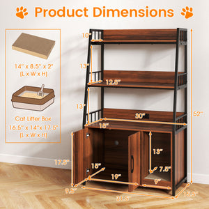 Cat Litter Box Enclosure with Storage Shelves and Scratching Pad-Walnut