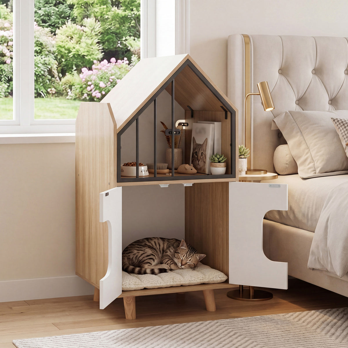 Cat Litter Box Enclosure with Shelf and 2 Doors Wooden House-Shaped for IndoorNatural