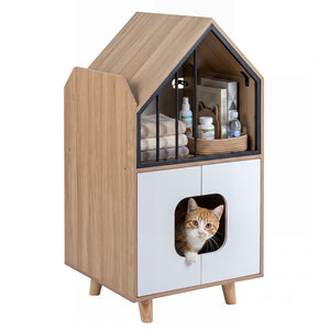 Cat Litter Box Enclosure with Shelf and 2 Doors Wooden House-Shaped for IndoorNatural