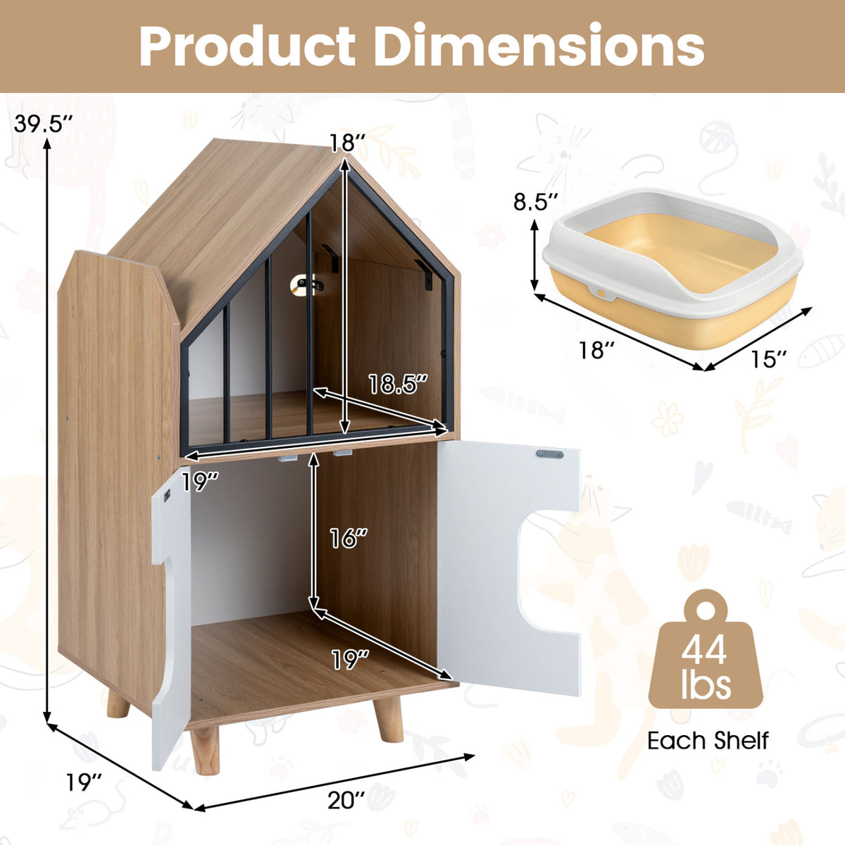 Cat Litter Box Enclosure with Shelf and 2 Doors Wooden House-Shaped for IndoorNatural