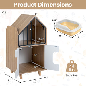 Cat Litter Box Enclosure with Shelf and 2 Doors Wooden House-Shaped for IndoorNatural