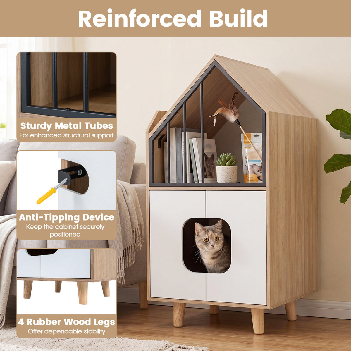 Cat Litter Box Enclosure with Shelf and 2 Doors Wooden House-Shaped for IndoorNatural