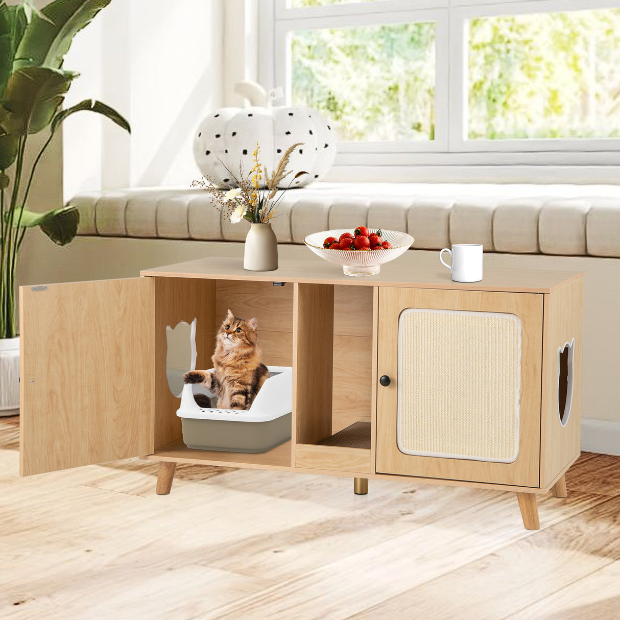 43 Inches Cat Litter Box Enclosure with Double Rooms and 2 Sisal Scratching Mats-Natural