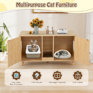 43 Inches Cat Litter Box Enclosure with Double Rooms and 2 Sisal Scratching Mats-Natural