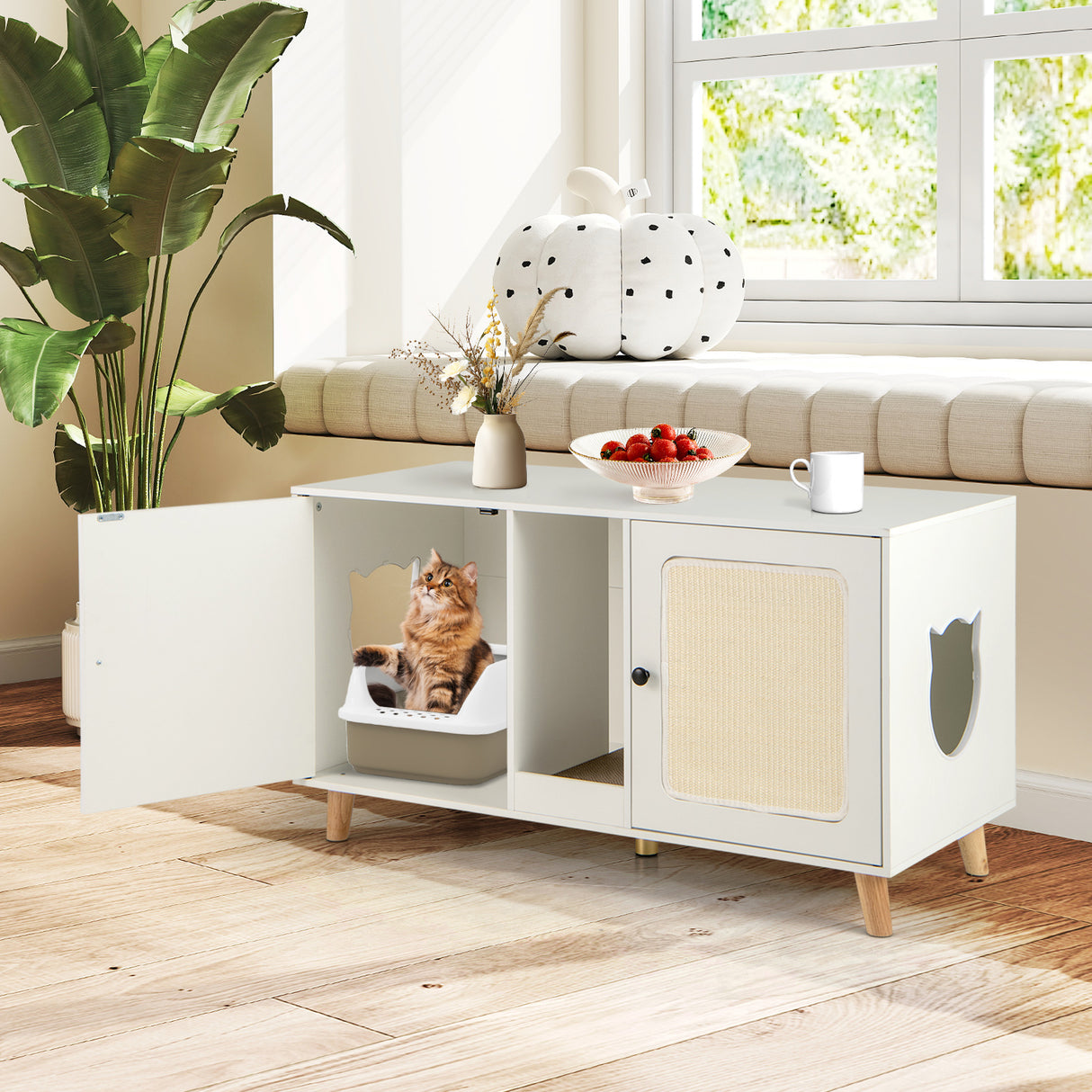 43 Inches Cat Litter Box Enclosure with Double Rooms and 2 Sisal Scratching Mats-White