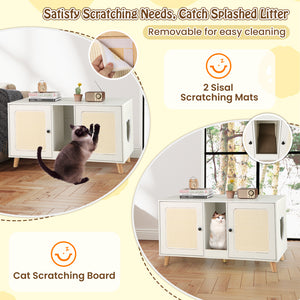 43 Inches Cat Litter Box Enclosure with Double Rooms and 2 Sisal Scratching Mats-White