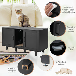 Patented 2-Door Cat Litter Box Enclosure with Winding Entry and Scratching Board-Black
