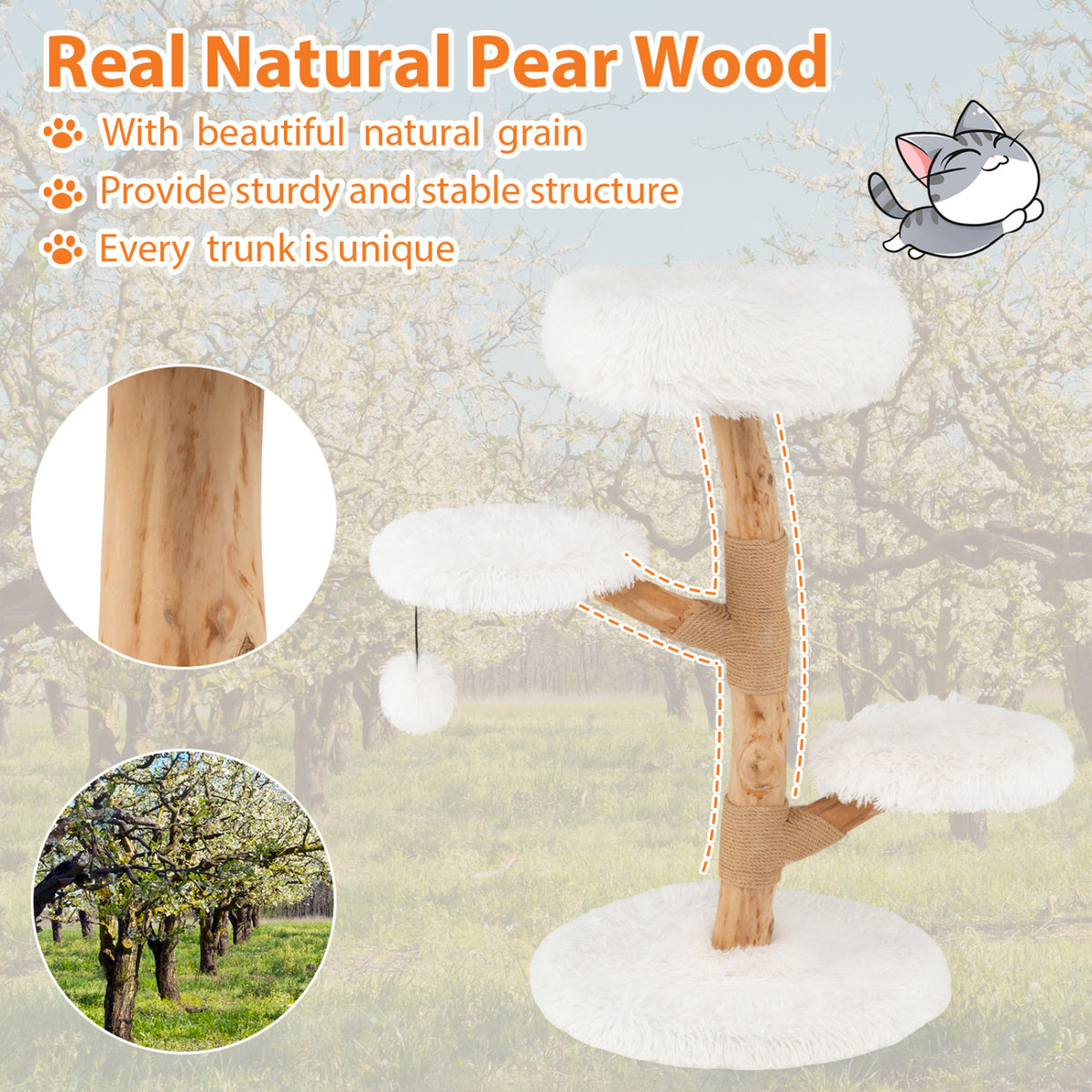 Cat Tree Solid Pear Wood with Perch and Natural Jute Scratching Posts-White