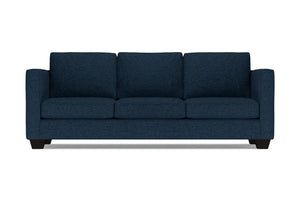The Catalina Sofa is a dark blue, three-seater with a clean, modern design. It features three cushions and straight arms, set on short black legs, against a plain white background.