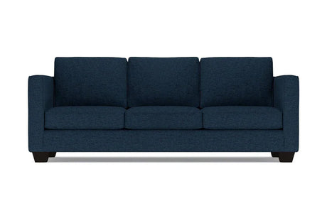 The Catalina Sofa is a dark blue, three-seater with a clean, modern design. It features three cushions and straight arms, set on short black legs, against a plain white background.