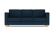 The Catalina Sofa is a dark blue three-seater featuring square cushions and light wooden legs, set against a white background.