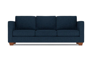 The Catalina Sofa, featuring a dark blue color, is a three-seater with square armrests and wooden legs, shown from the front against a white background.