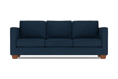 The Catalina Sofa, featuring a dark blue color, is a three-seater with square armrests and wooden legs, shown from the front against a white background.